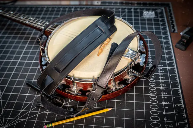 Black Leather Banjo Strap, handmade by Lander Leather