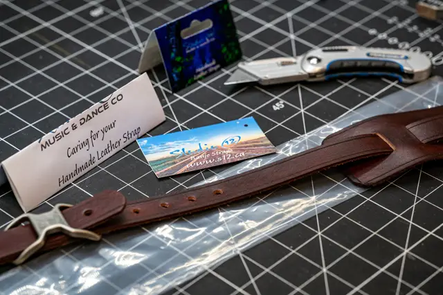 Mahogany Leather Banjo Strap, handmade by Lander Leather